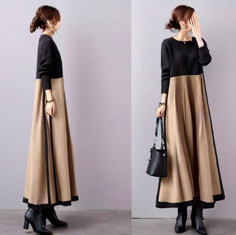 现货日系秋新款气质长袖立领撞色拼接针织显瘦A字连衣裙