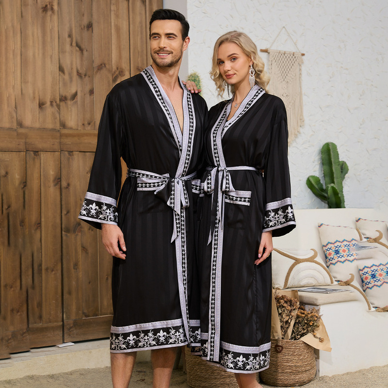 Cross-Border New Baroque Style Couple's Long-Sleeved Robe, Long Dressing Gown, Luxurious Satin Bathrobe Wp3403