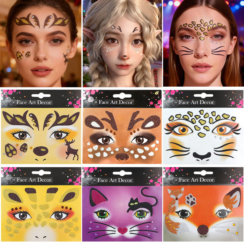 Cross-Border Hot-Selling New Product Christmas Reindeer Leopard Print Fox Cat Children's Cute Dance Party Face Decoration Stickers