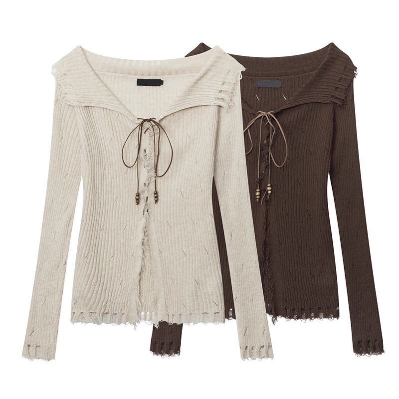 American Style Retro Hot Girl Sexy Pure Desire Knitted Cardigan Women's Spring and Autumn Slim-fit Design Sense Tassel Strap Sweater Coat