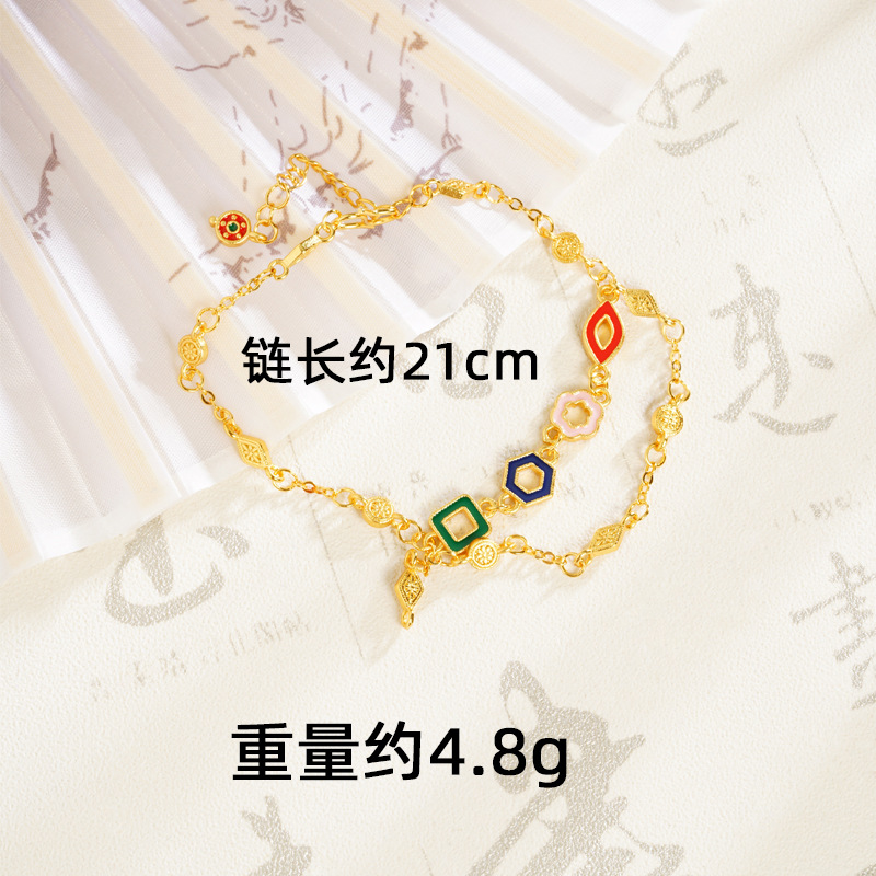 Pulsera de oro de arena antigua, diseño de nicho, cadena de doble capa, collar geométrico de color, joyería retro de larga duración