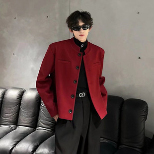 Autumn Retro Yuppie Shoulder Pad Small Vertical Collar Short Suit Jacket Men's High-end Woolen Jacket Korean Style