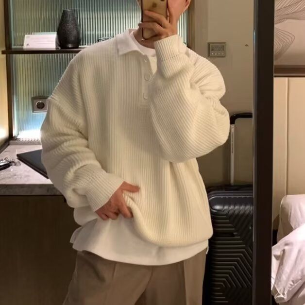 Japanese-Style Polo Sweater for Men, Lazy Hong Kong Style, American Loose Retro Casual Turn-Down Collar Knit Sweater, Korean Version Sweater