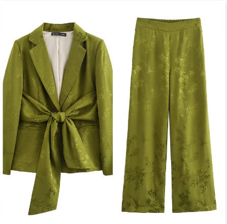 Women's 2024 summer new bow decoration jacquard suit straight leg pants set_voghion.com