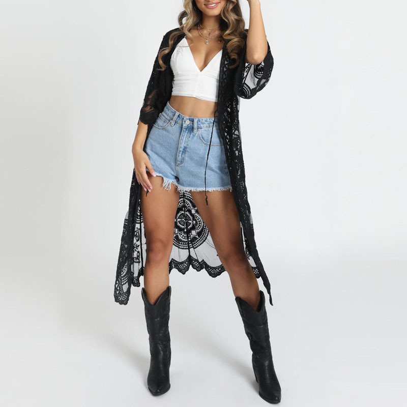 2024 Europa y América Primavera/Verano Nueva blusa de bikini bordada de encaje suelto Camisa de protección solar de longitud media Mujeres transfronterizas