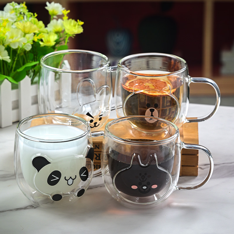 Hermosas tazas de vidrio de doble capa, tazas de menú aisladas de alto silicio con mango, tazas de agua de oficina doméstica, tazas de desayuno, tazas de café