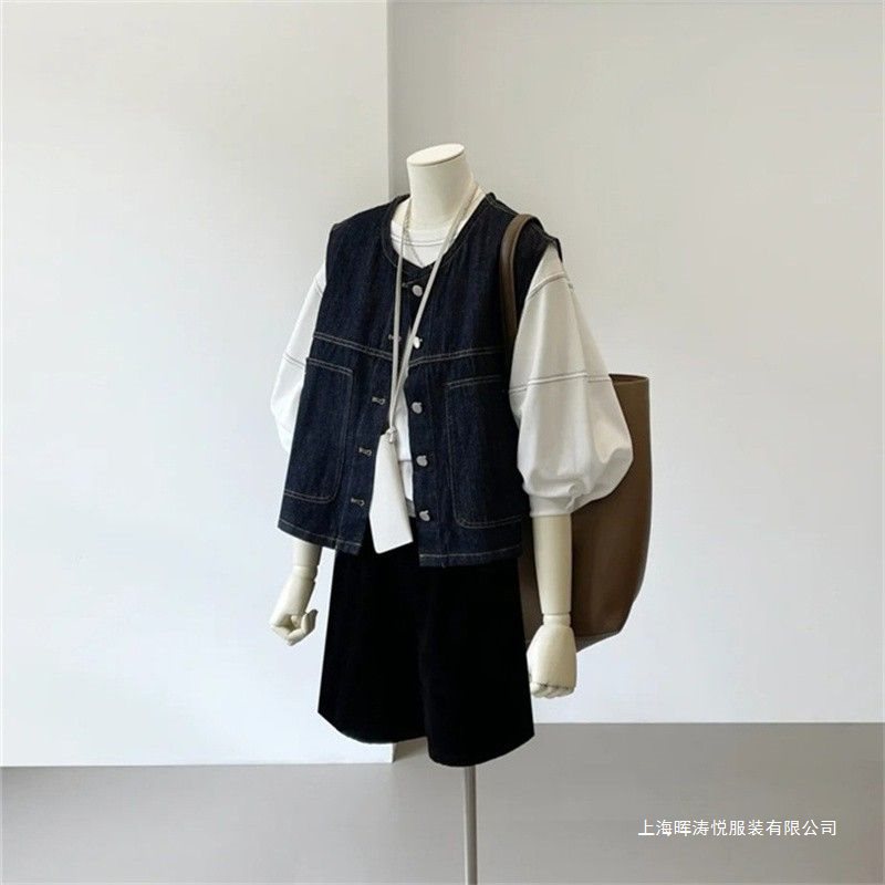 Hong Kong Style Retro Layered Outerwear Slim Denim Vest Women's Spring and Summer New Style Fashionable Sleeveless Waistoutwear Jacket