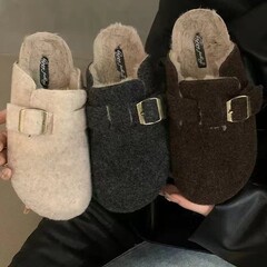 厚底毛毛鞋加絨保暖棉鞋包頭半拖外穿平底勃肯鞋女冬單鞋