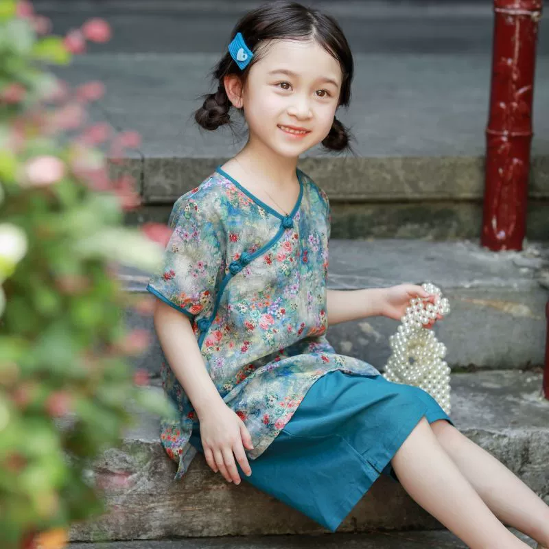 Комплект ханьфу для девочек для маленьких девочек, летний легкий костюм Тан с короткими рукавами в древнем стиле для девочек, улучшенный детский комплект из двух предметов с цветочным принтом.