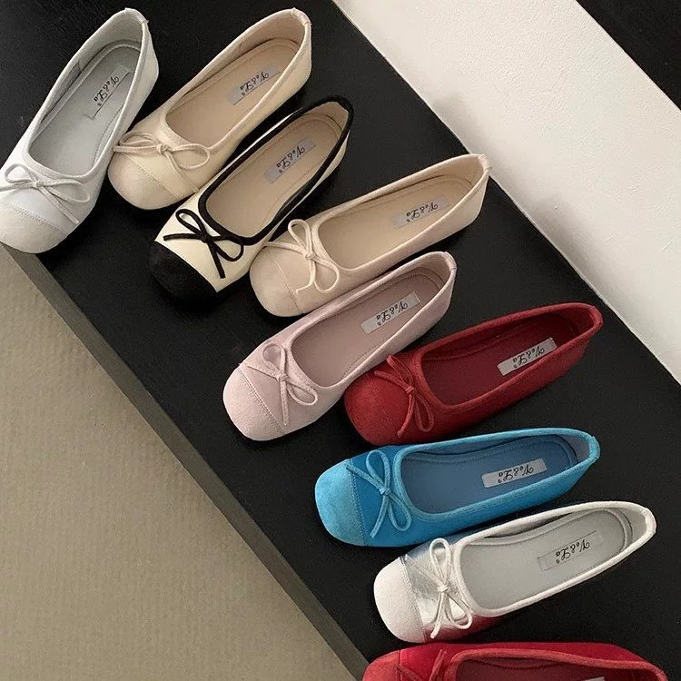 Footwear, blue ballet shoes with bow, french style, soft sole