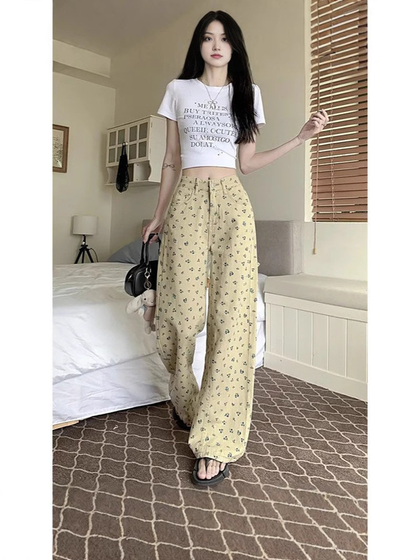 American Retro Khaki Floral Straight-Leg Jeans for Women 2025 Spring and Autumn High-Waisted Casual Slimming Wide-Leg Floor-Length Pants American Retro Khaki Floral Straight-Leg Jeans for Women 2025 Spring and Autumn High-Waisted Casual Slimming Wide-Leg Floor-Length Pants
