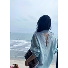 欧洲站纯色蕾丝拼接长袖衬衫女2025春夏新款宽松显瘦时尚百搭上衣