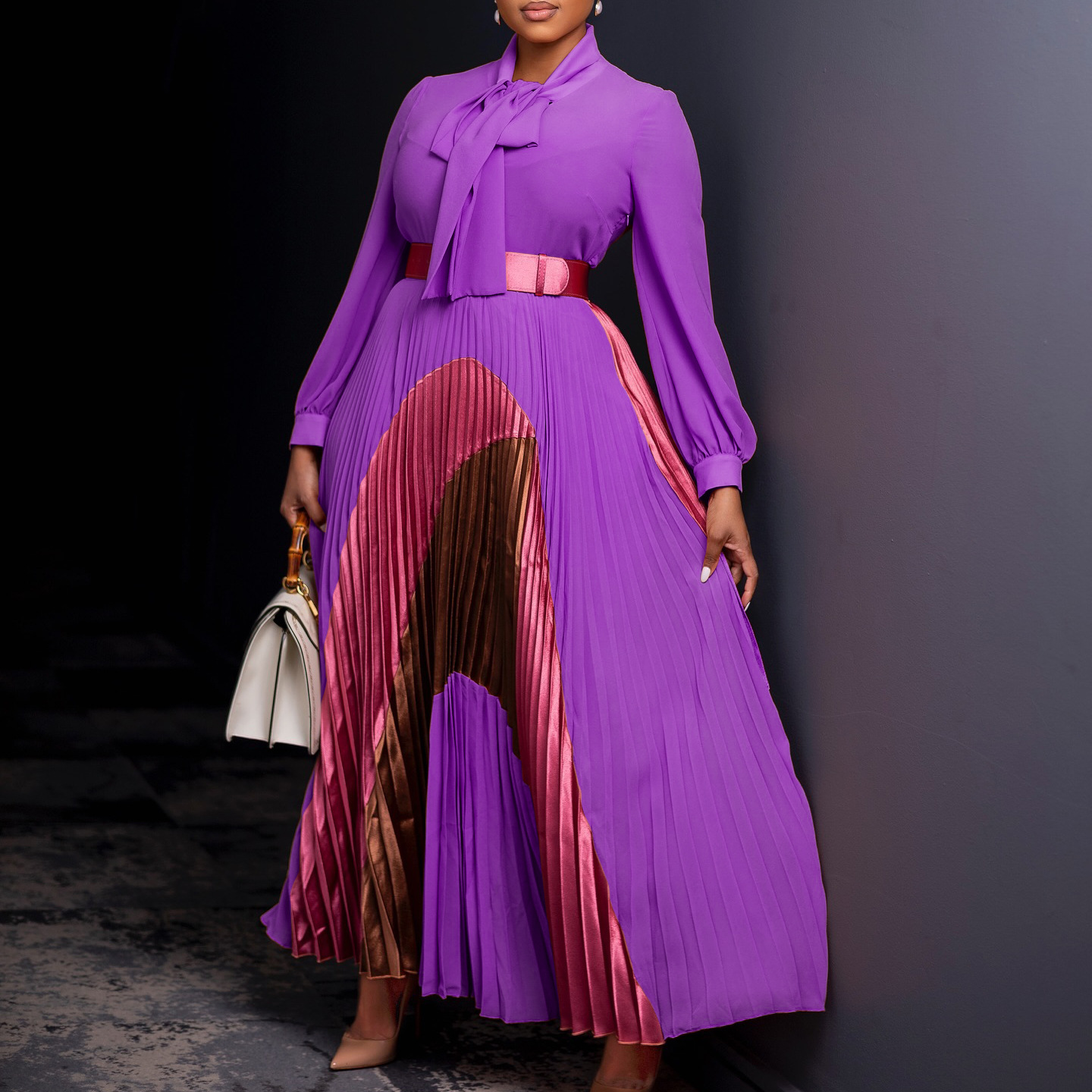 Regular Sleeve Sleeve Type Spandex, Polyester Fabric Type Wholesale Women's Elegant Belt Color Block Cocktail Party Shirt Collar Long Sleeve Sheath Dress