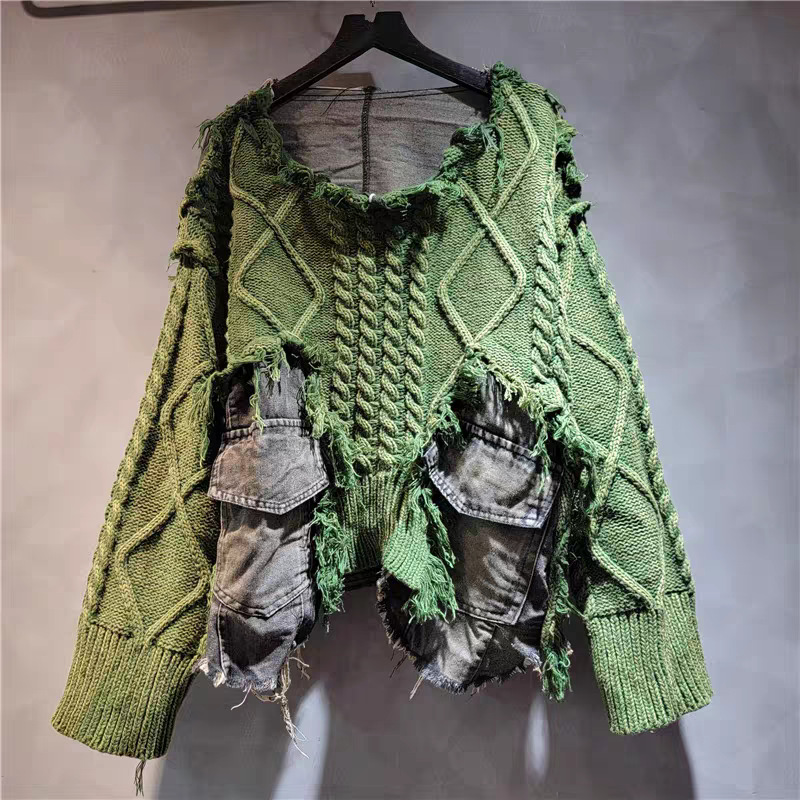 Moda cool estilo estilo extranjero tejido de costura jeans cuello redondo manga larga suéter corto para mujeres otoño / invierno 2025 image 7