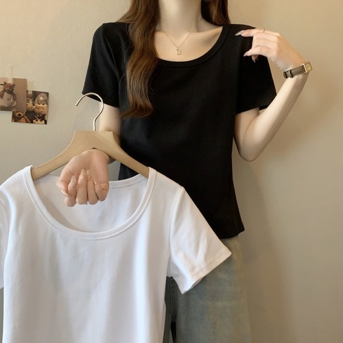 Shoulder Short Sleeve T-Shirt Women Small Size Summer Pure Desire Style Sweet and Spicy Girl Big Neck Pure Color Slimming Top Wholesale 