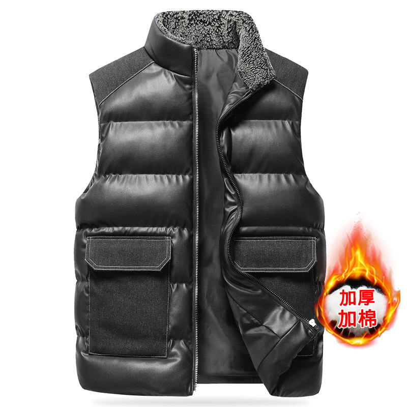 Hombres al por mayor retro collar chaleco caliente de invierno de mediana edad holgado grueso hombro chaleco de cuero de bolsillo grande