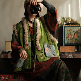 落古泥轻原创定制文艺复古毛毛夹棉马夹背心棉衣马甲女2277水龙吟