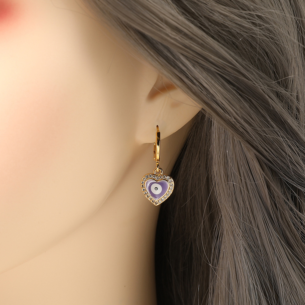 Cute Heart Shape Copper Gold Plated Zircon Drop Earrings 1 Pair