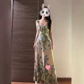 法式气质扎染吊带连衣裙女夏季海边度假裙荷叶边收腰露背a字长裙