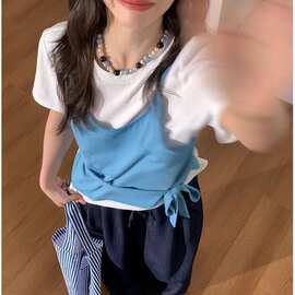 纯棉假两件蝴蝶结绑带短袖t恤女夏季修身设计感小众显瘦百搭上衣