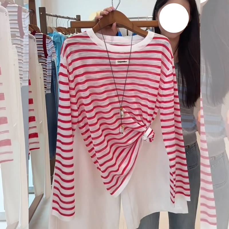 Red and white striped long-sleeve knit top for women, 2026 summer new thin pullover t-shirt, round neck, loose and slimming top Red and white striped long-sleeve knit top for women, 2026 summer new thin pullover t-shirt, round neck, loose and slimming top