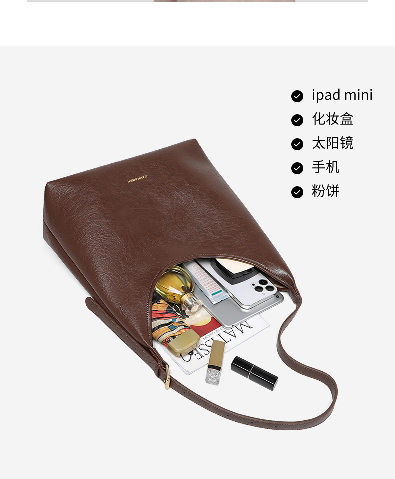Túi tote da thật nữ đáy rộng dáng lớn đeo vai đeo chéo đi làm kiểu mới — Màu nâu chi tiết 5