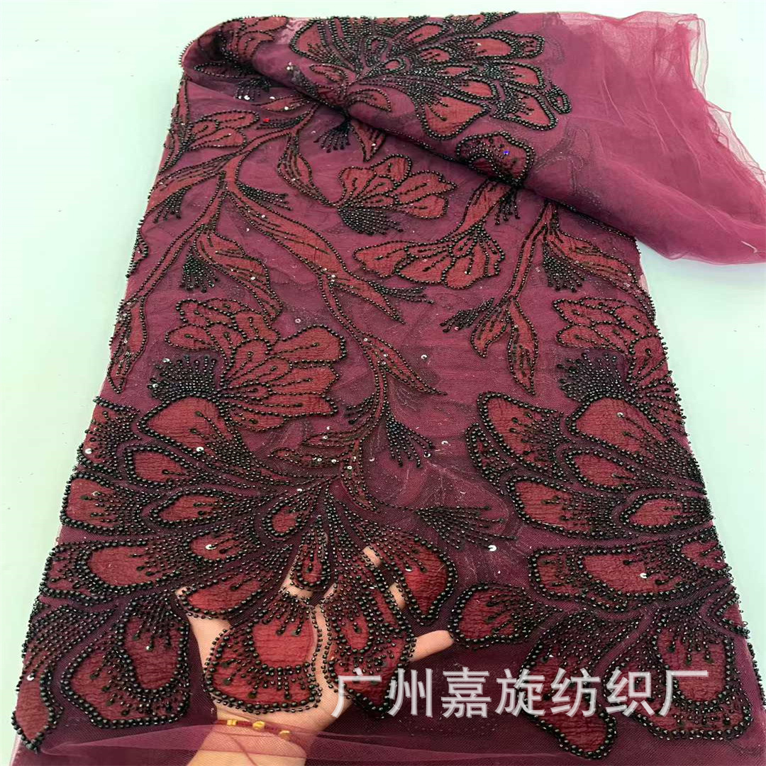 Tela de malla bordada de doble capa con parches y cuentas tubulares, estilo nuevo, para vestidos de novia y vestidos de noche.