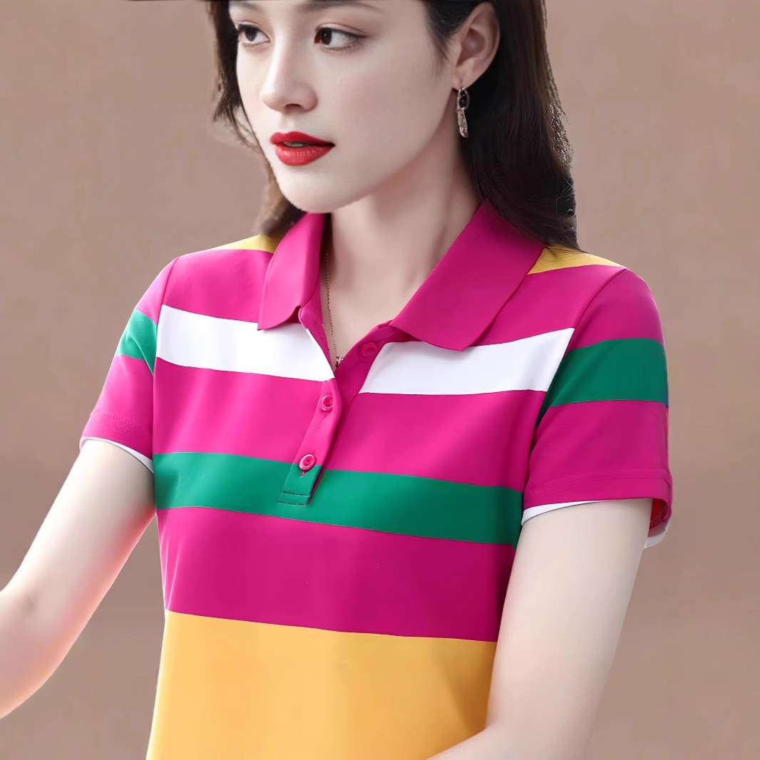 彩色条纹短袖t恤女夏季2023新款翻领中年妈妈夏装polo衫上衣批发