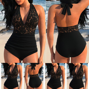 2025 New Swimsuit Sexy Mesh Stitching Deep V Halterneck Backless Tight Waist Covering Belly Slimming Look One-Piece Swimsuit