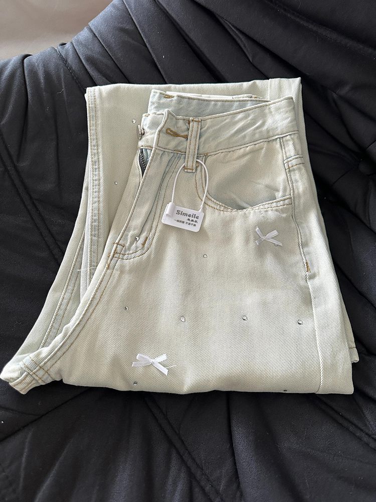 Three Dimensional Bow Design With Hot Diamonds, High Waist And Slim Light Blue Jeans, Washed Straight And Casual Mopping Trousers_ecoleips.com