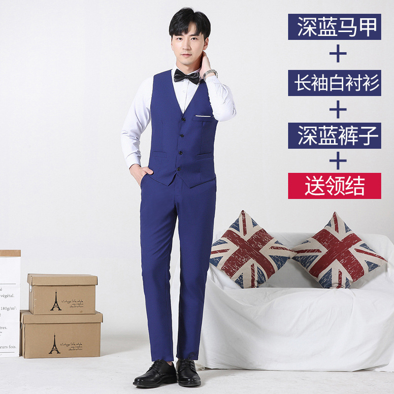 Dark blue vest + pants + white shirt with free bow tie / M