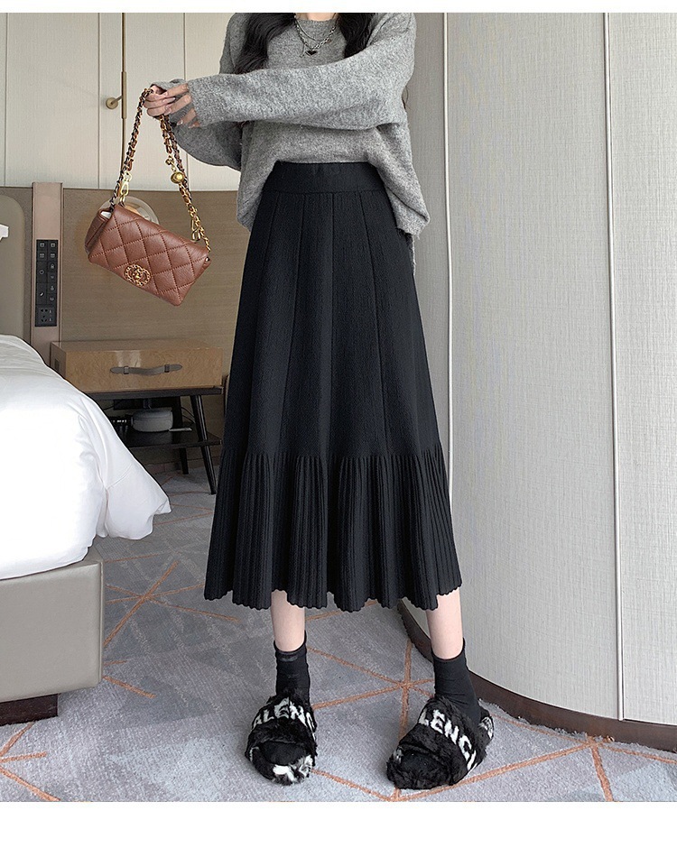 Pleated Knitted Skirt Women'S Autumn And Winter New Fashion High Waist Korean Version Casual And Thin Big Swing Skirt A-Shaped Skirt Umbrella Skirt 39 Undefined
