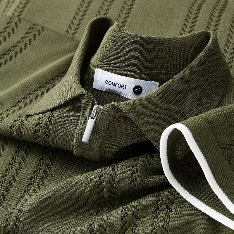 POLO衫翻领短袖针织衫男夏季冰丝条纹拼色商务修身潮外贸跨境批发