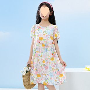 Girls' Cotton Silk Dress, Medium and Large Children's Floral Skirt, Girl's Summer Thin Children's Skirt, Fashionable Pajamas, Sweet Nightgown