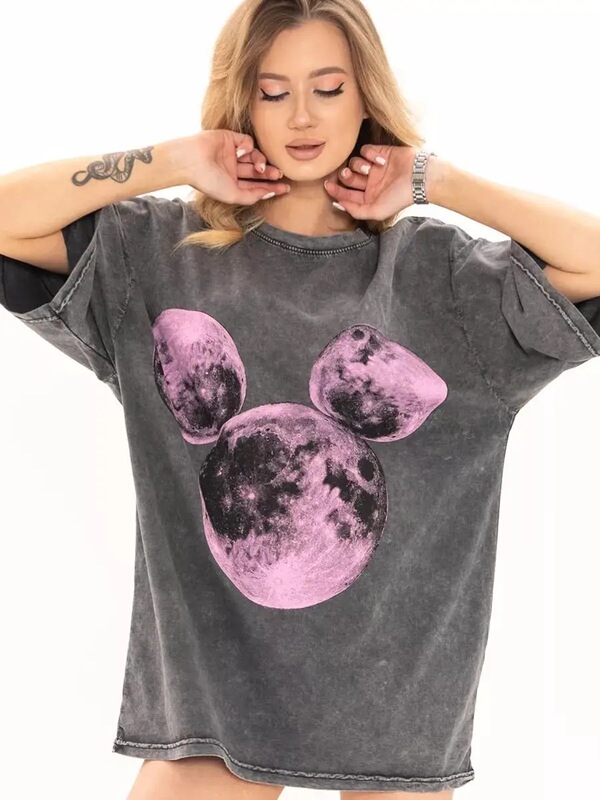 Washed Cotton Women's T-Shirt Pink Planet Print Top Loose O-Neck Oversized T-Shirt Y2K Female Clothing Vintage