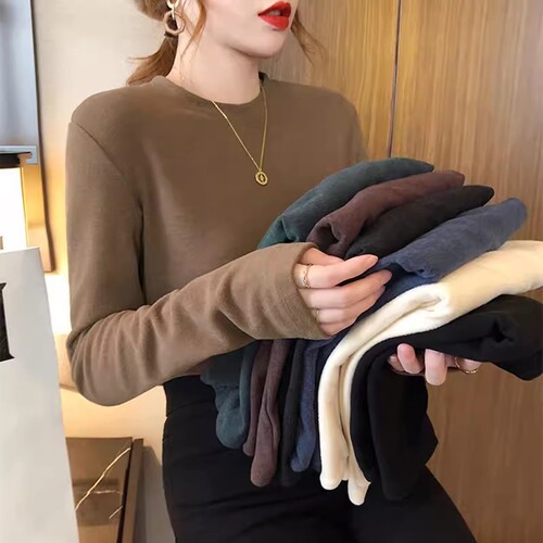 High-quality large round neck ribbed velvet base shirt for women, slimming, long-sleeved, versatile top