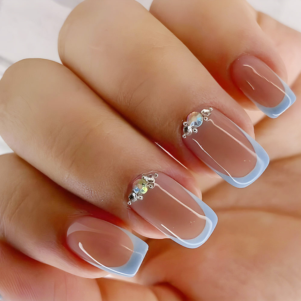 Azul de mar francés tridimensional diamante usar uñas ins comercio exterior verano manicure blanqueamiento 24 piezas de parche de uñas lote mixto