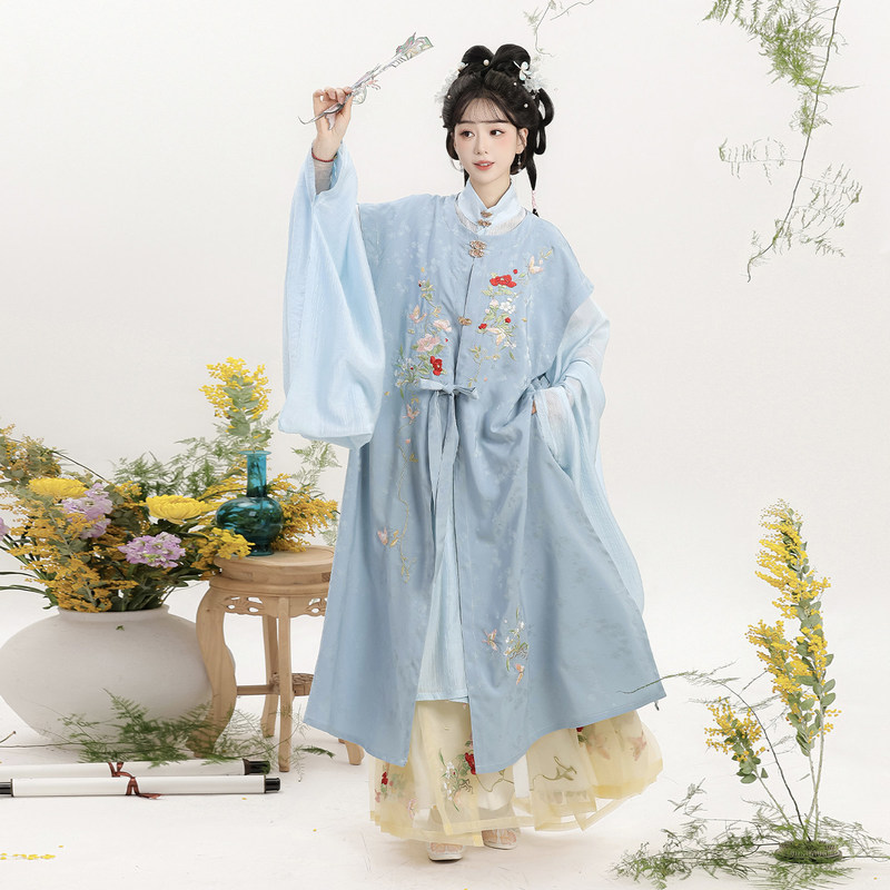 Original adult Hanfu, Ming-style women's long gown with round collar, stand-up collar, diagonal placket, and subtle patterns, new spring and autumn Hanfu set