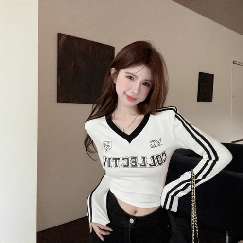 American-style sport striped long-sleeve t-shirt for women, early autumn wear, spicy girl V-neck short-sleeve padded shoulder top, slim-fitting base layer shirt for layering