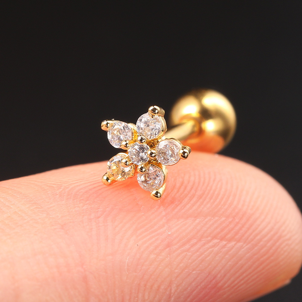 Ear Cartilage Rings & Studs Piercing Type 1 Piece Quantity Simple Style Cross Round Flower Copper Plating Inlay Zircon Ear Studs 1 Piece