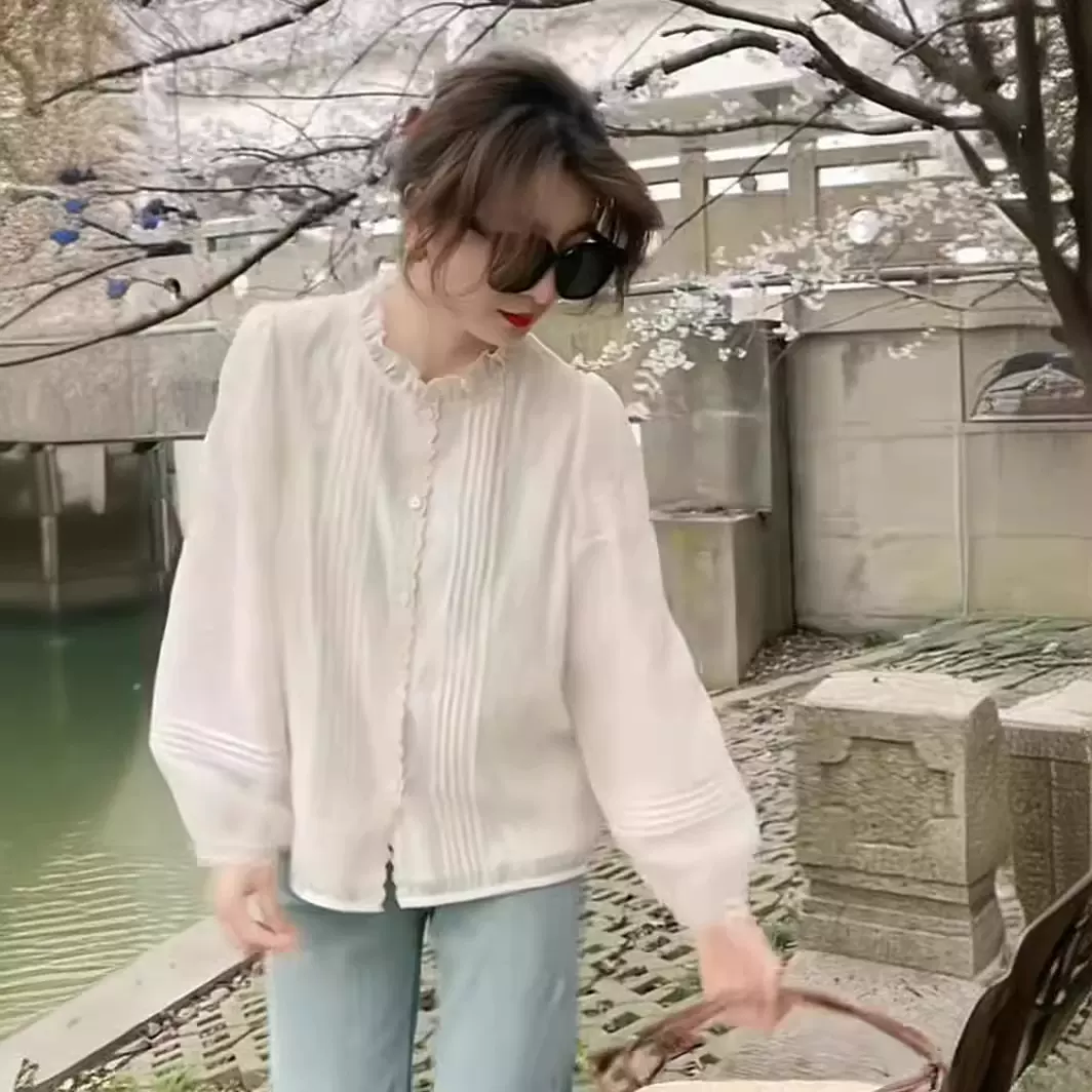 蕾丝花边领雪纺衬衫女长袖2024春夏新款宽松休闲别致衬衣百搭小衫