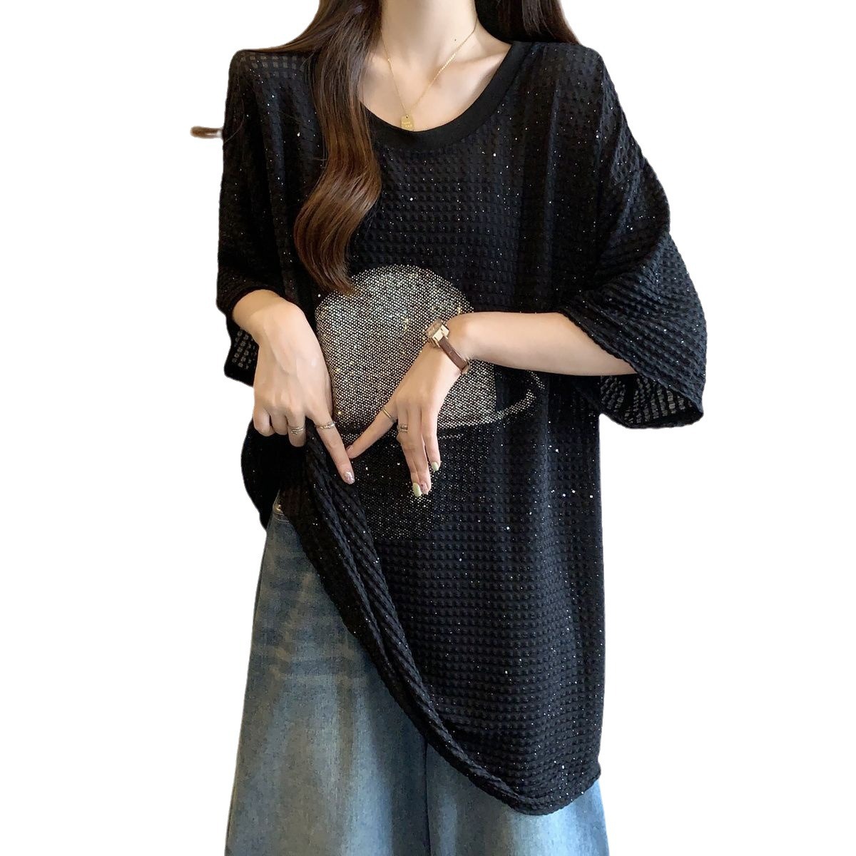 Camiseta de manga corta brillante con textura de gran tamaño para mujer 2024 verano nuevo estilo suelto y delgado que cubre la carne grasa mm top mujer image 6