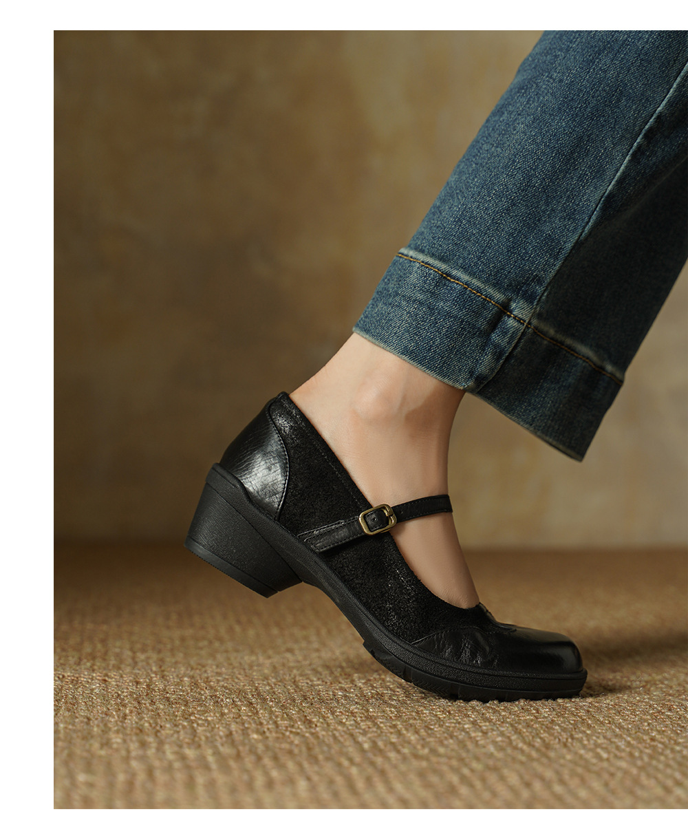 Giày Mary Jane nữ da bò mũi tròn đế mềm gót trung vintage phong cách JK Anh — đen chi tiết 9