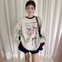 卡通猫咪印花蝴蝶结长袖卫衣女秋季新款设计感撞色慵懒风宽松上衣