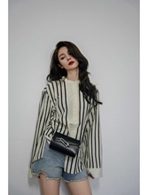 条纹印花宽松桑蚕丝上衣2023新款设计感小众真丝立领长袖衬衫女夏