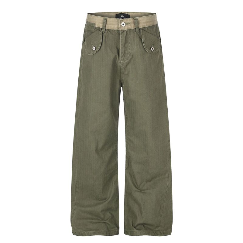 Z071 High Street American Unisex Vintage Green Workwear Street Style Patchwork Design Men's Loose Straight-Leg Casual Pants