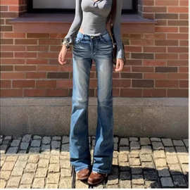 2026美式复古蓝色直筒牛仔裤女新款低腰显瘦垂感弹力拖地裤子