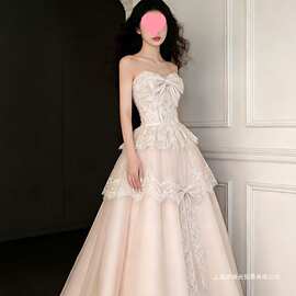 法式浪漫抹胸蕾丝仙女风订婚结婚轻婚纱晨袍敬酒服成人礼生日礼服
