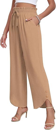 Women's High-Waisted Wide Leg Trousers Casual Drawstring Loose Business Style Adjustable Fit Bottoms_ecoleips.com