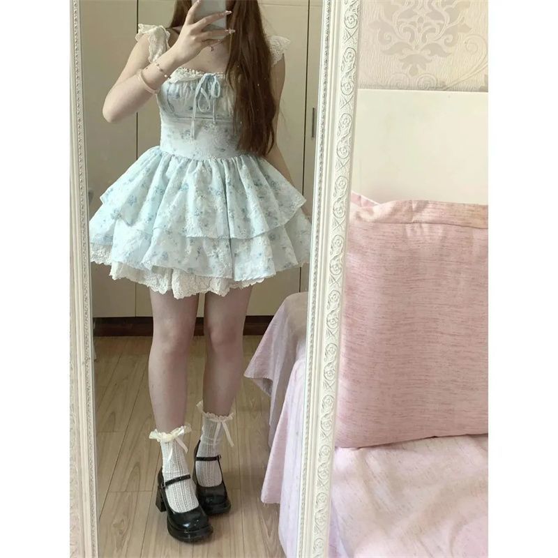 甘い小さなフライングスリーブ新しい花柄ウエストドレス夏痩身フレンチプリンセスチュチュスカートチュチュスカート|undefined